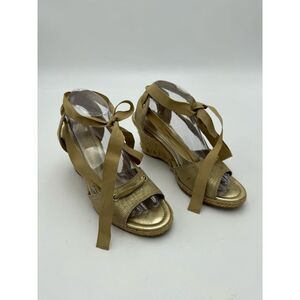 Antonio Melani Women's Size 8.5M Ribbon Lace‎ Up Wedge Heel Sandals Gold